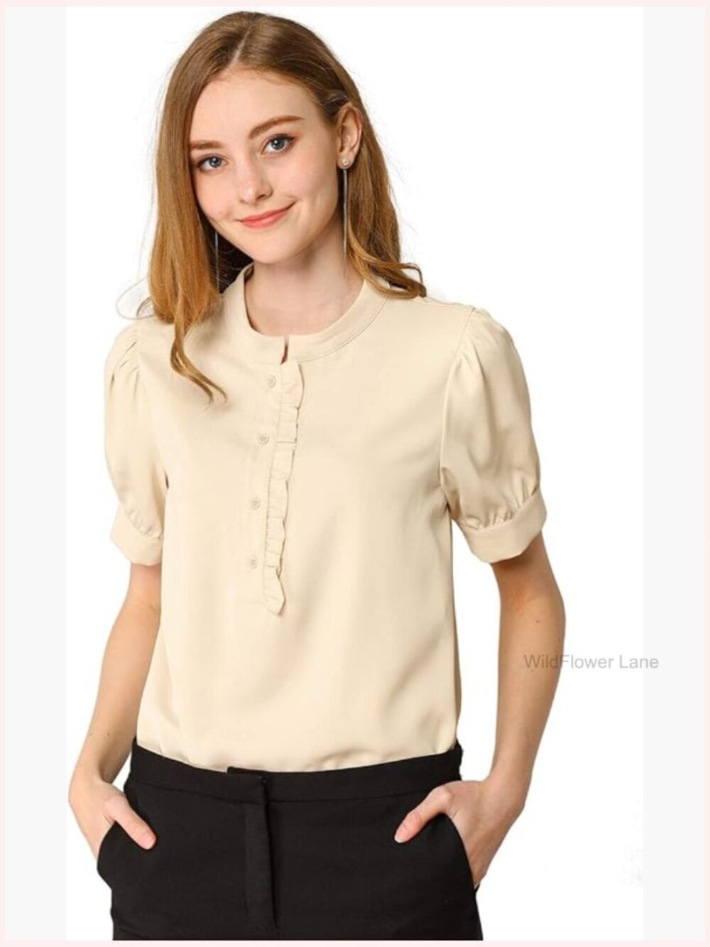 Vintage Office Blouse Half Placket Puff Sleeve Ruffled Shirt